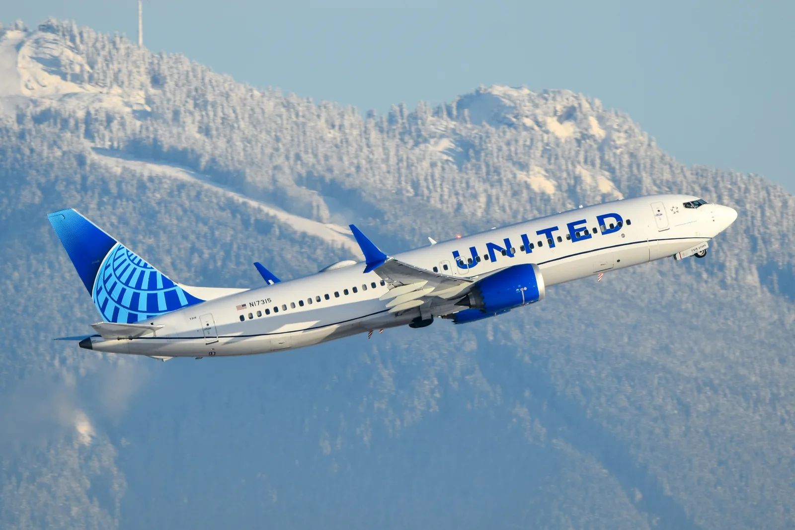 A United Boeing 737 MAX 8, registration N17315, climbing with snow-covered mountains behind it.